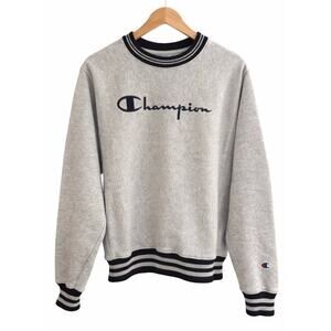 Champion Small Gray Reverse Weave Crewneck Sweatshirt Raised Logo Ribbed